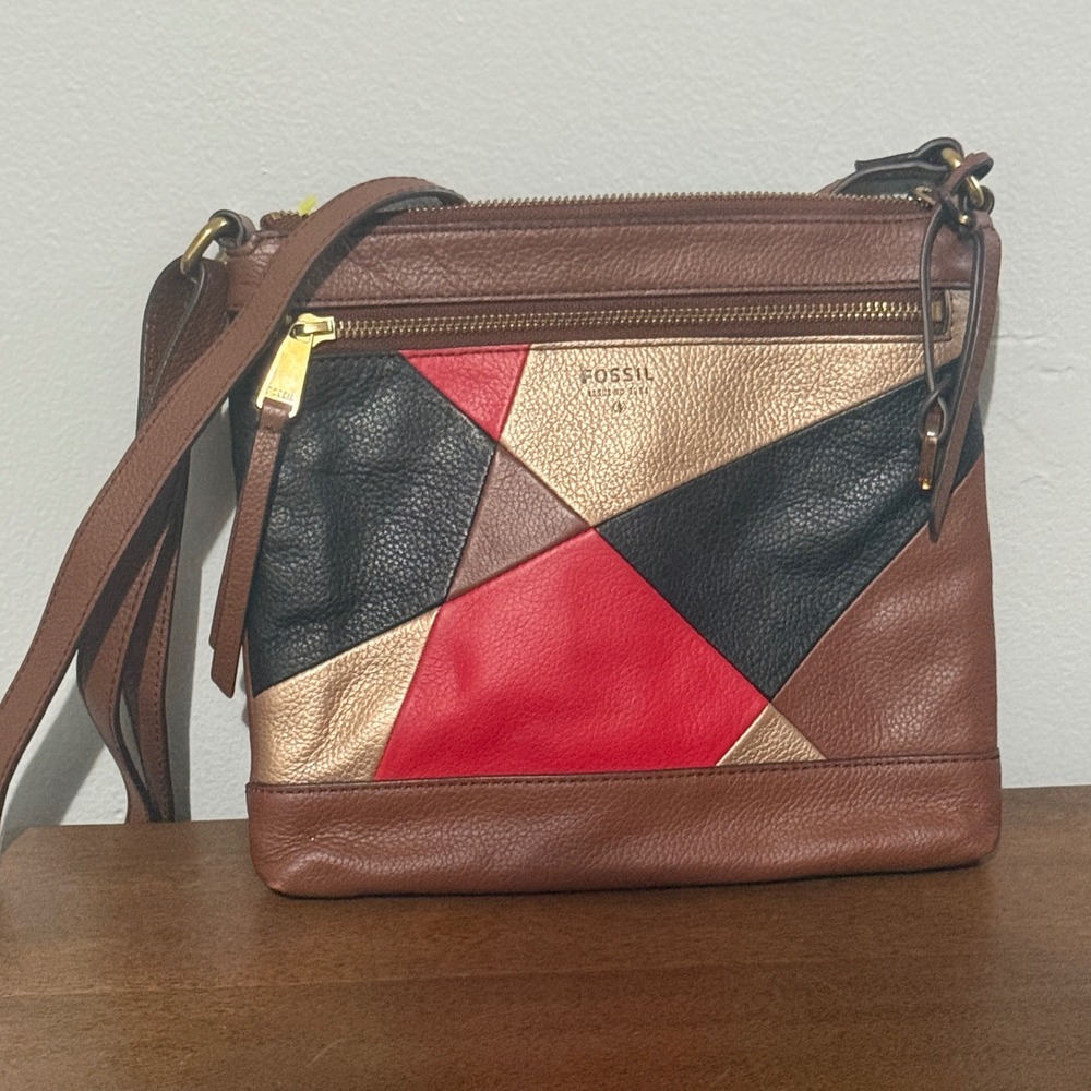 Fossil Crossbody Bag Patchwork Geometric Small Brown Excellent Leather Purse